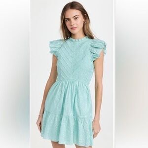 SAYLOR Aqua Metallic Stripes Ruffle Sleeve Carraway Mini Dress Size Small VGUC